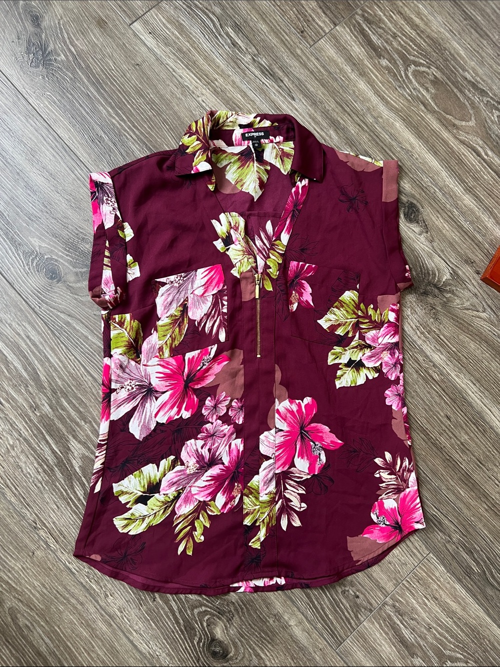 Express Burgundy Floral Zip-Front Blouse with Pink & Green Accents